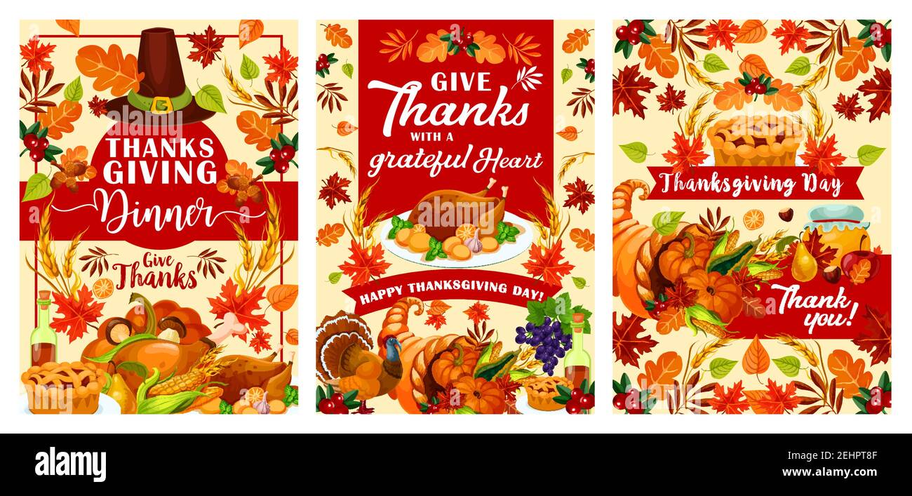 Thanksgiving Day greeting cards or posters for traditional autumn ...