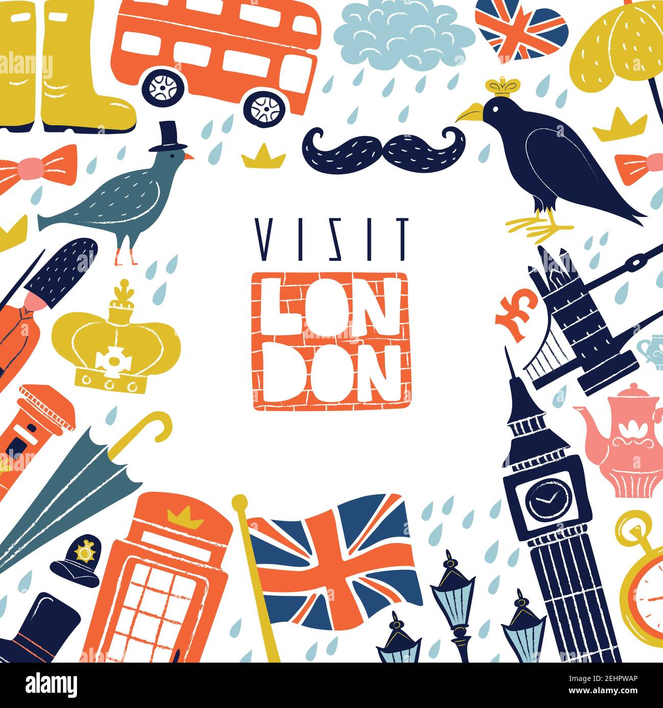 Decorative frame with london landmarks and symbols including flag, bus, umbrella, pound on white background vector illustration Stock Vector