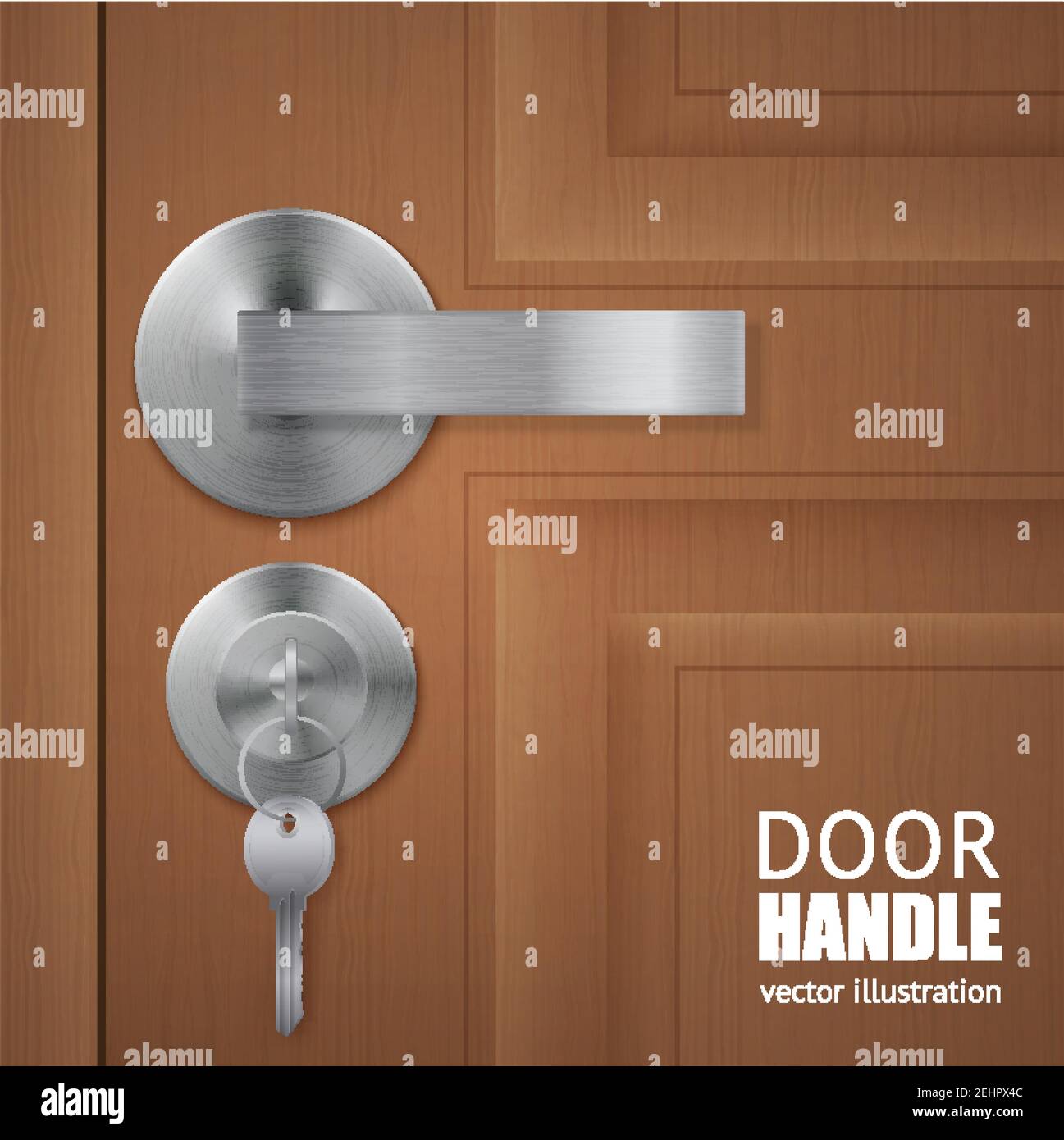 Realistic door handle lock keys composition with wooden door and metal ...