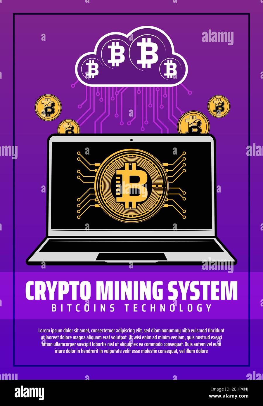 Bitcoin cryptocurrency poster of digital crypto money currency mining. Open  laptop and web cloud for digital currency collecting, technology device an  Stock Vector Image & Art - Alamy