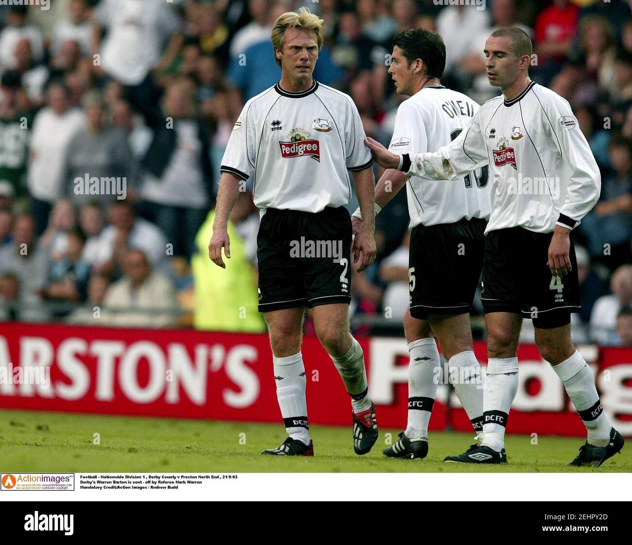 Football - Nationwide Division 1 , Derby County v Preston North End , 21/9/02  Derby's Warren Barton is sent - off by Referee Mark Warren  Mandatory Credit:Action Images / Andrew Budd Stock Photo