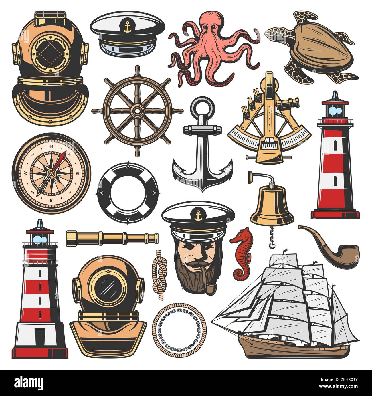 Nautical symbols and marine sailing or seafarer icons. Vector ship