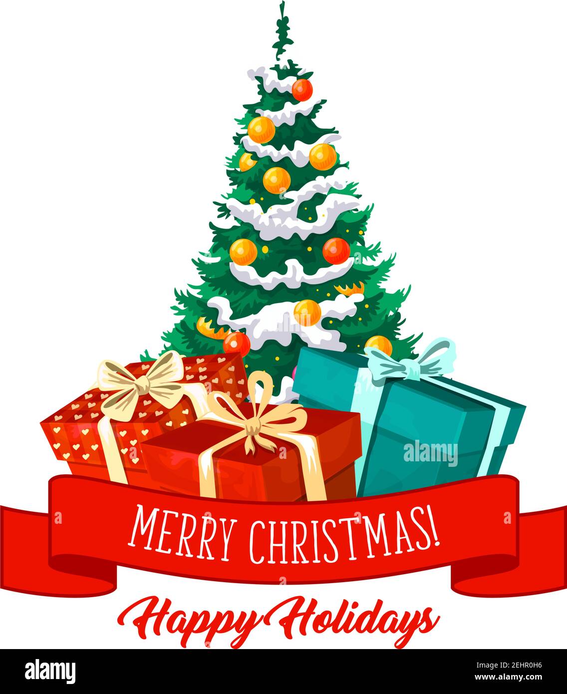 Merry Christmas icon of greeting text on red holiday ribbon with