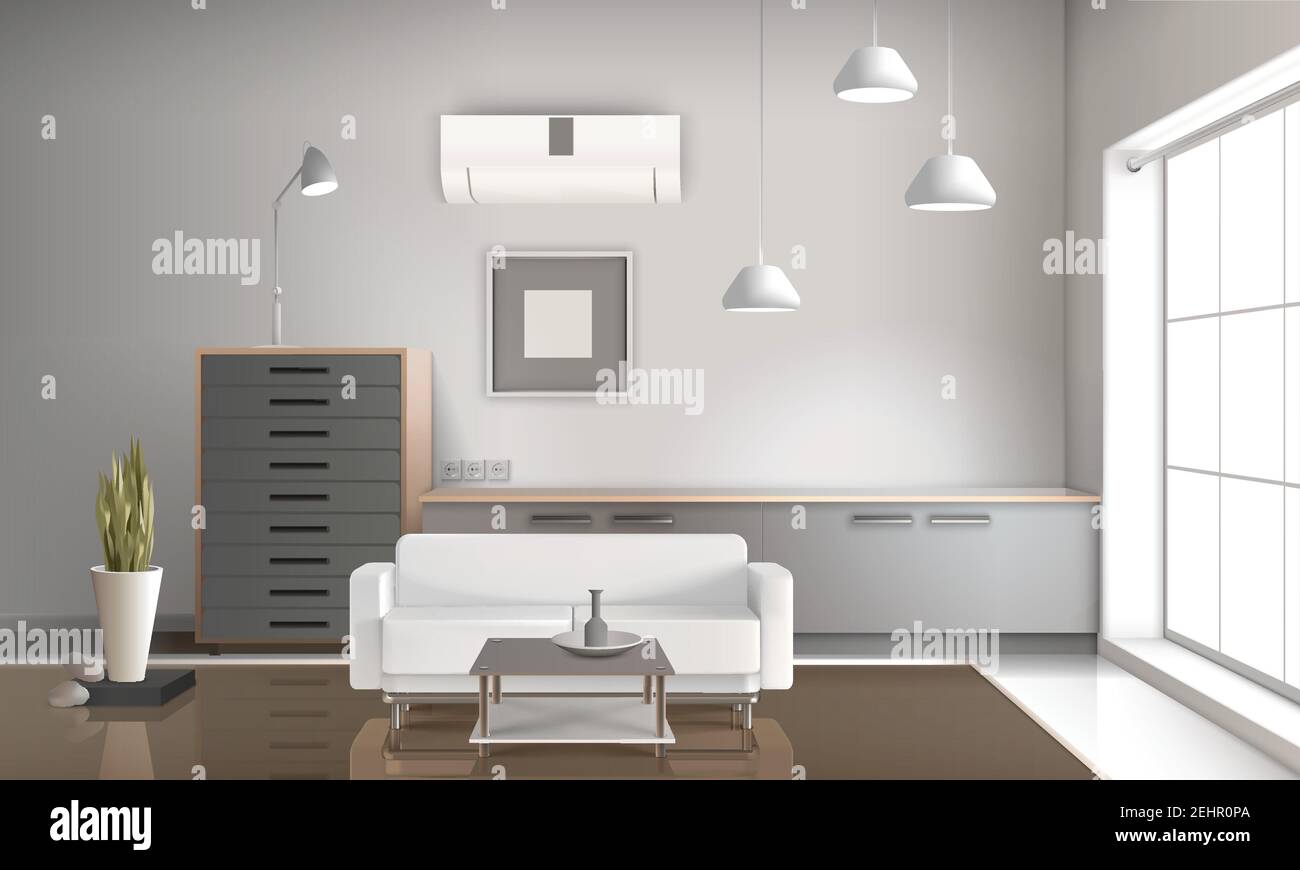 Realistic sitting room interior 3d design with hanging lamps, furniture, conditioner on wall glossy floor vector illustration Stock Vector