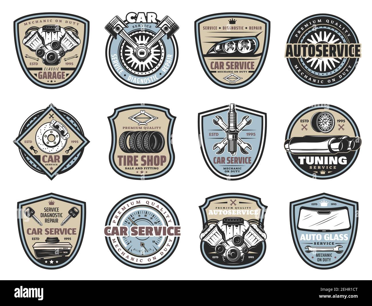 Car repair service badges with auto spare part icons. Vehicle engine