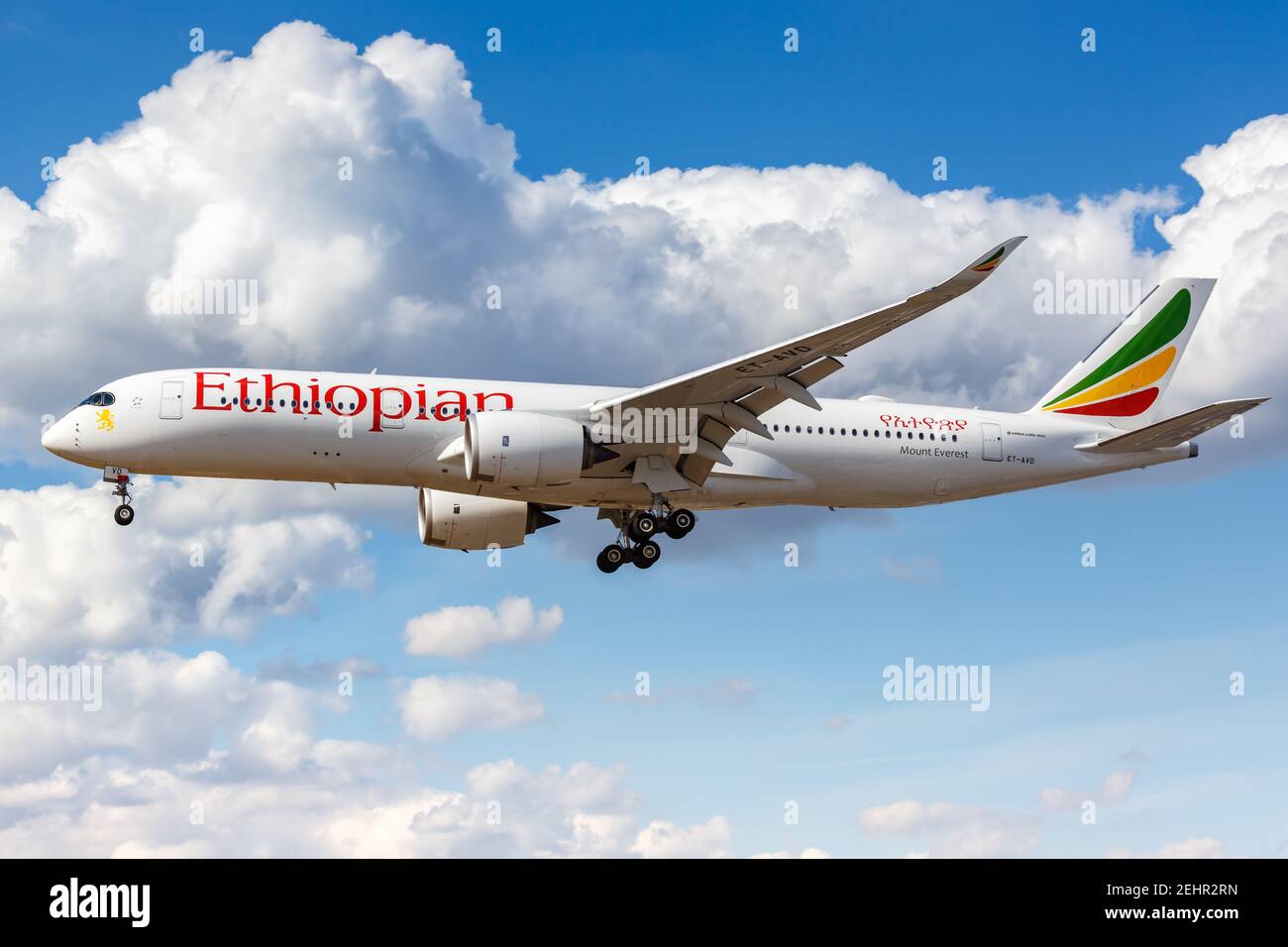London, United Kingdom - July 31, 2018: Ethiopian Airbus A350-900 airplane at London Heathrow Airport (LHR) in the United Kingdom. Stock Photo