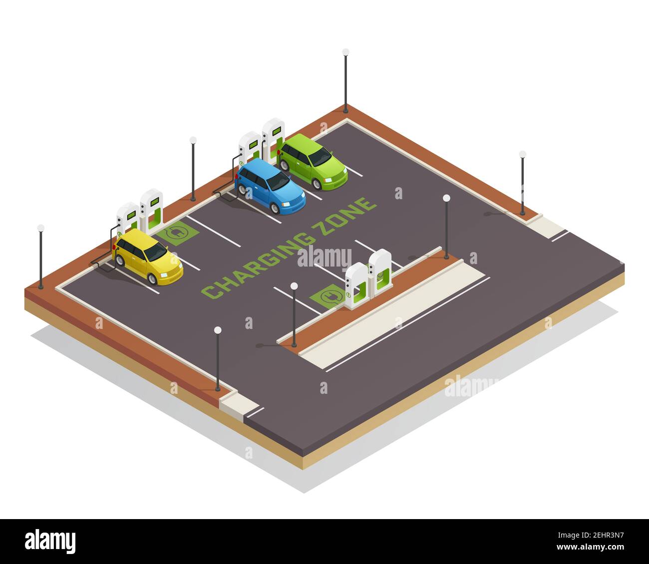 Ecology based economy green energy clean transportation isometric composition poster with electric vehicles charging station vector illustration Stock Vector