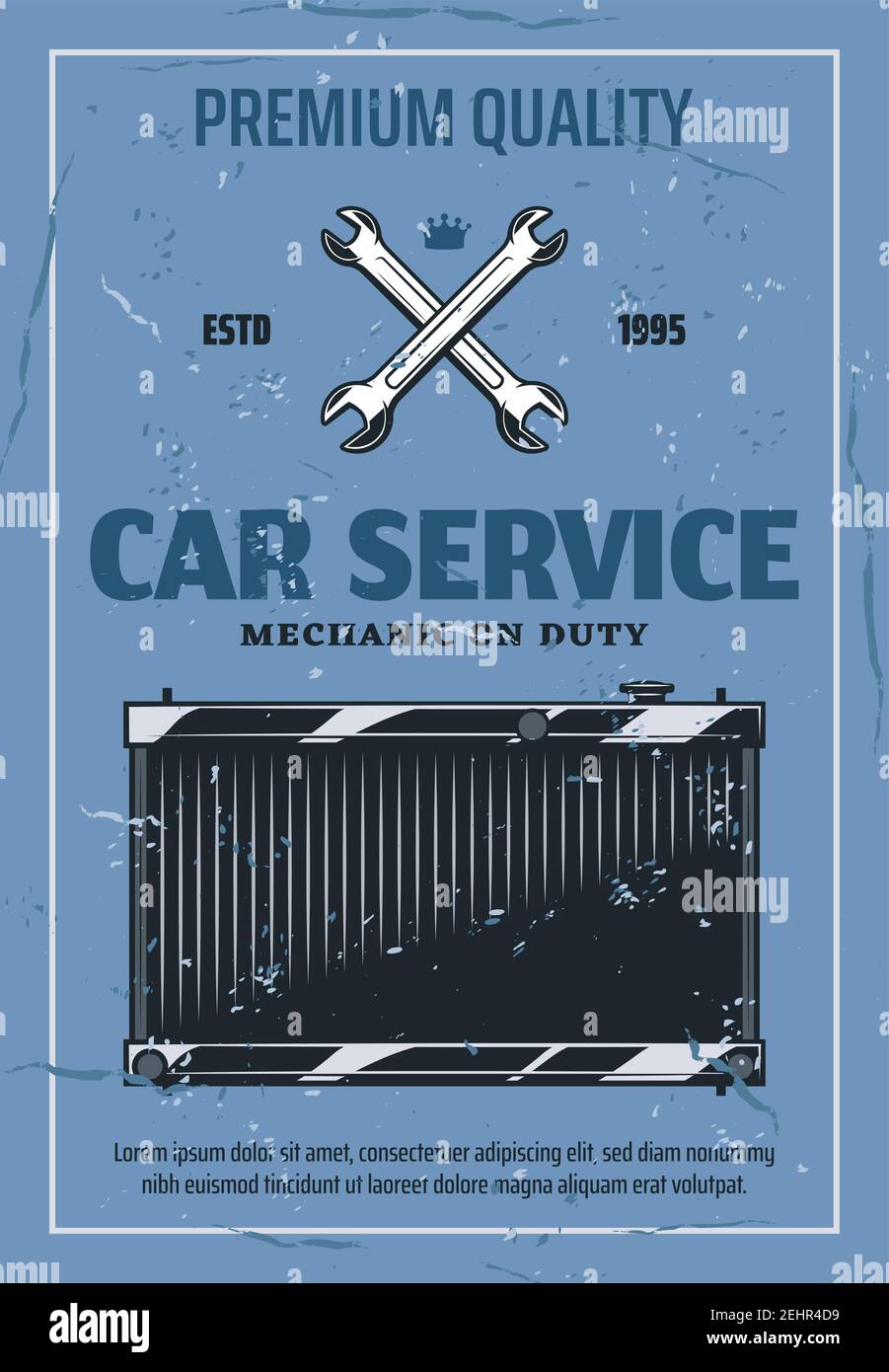 Car radiator service banner with repair tools. Auto engine cooling system vintage poster with vehicle radiator, spanner and wrench. Mechanic garage st Stock Vector