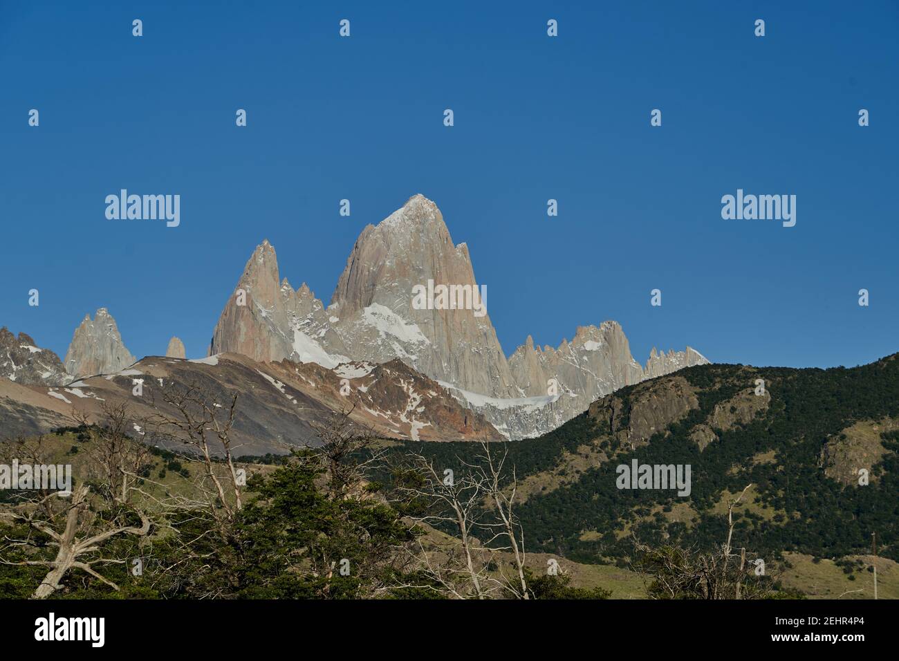 Mount Fitzroy  is a high and characteristic Mountain peak in southern Argentina, Patagonia, South America and a popular travel destination for hiking Stock Photo