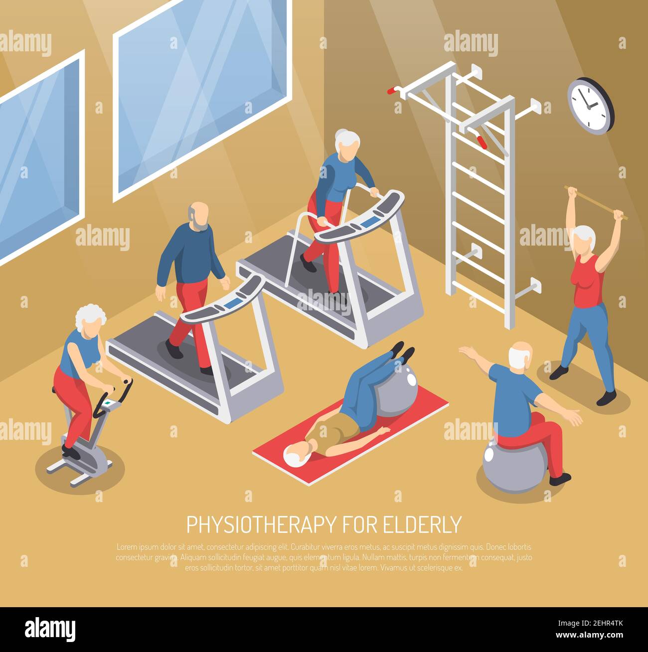 Physiotherapy for elderly isometric vector illustration with seniors in gym doing rehabilitation exercises with use trainers and sport inventory Stock Vector