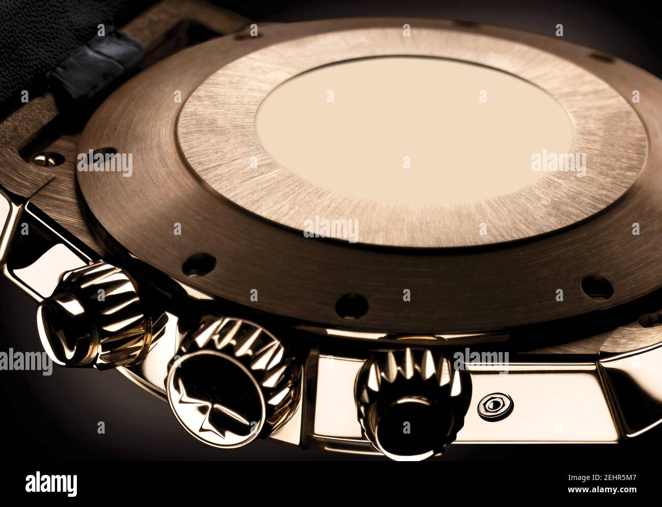 Rear view of a wristwatch with a titanium case. Macro studio shot selective focus. Stock Photo