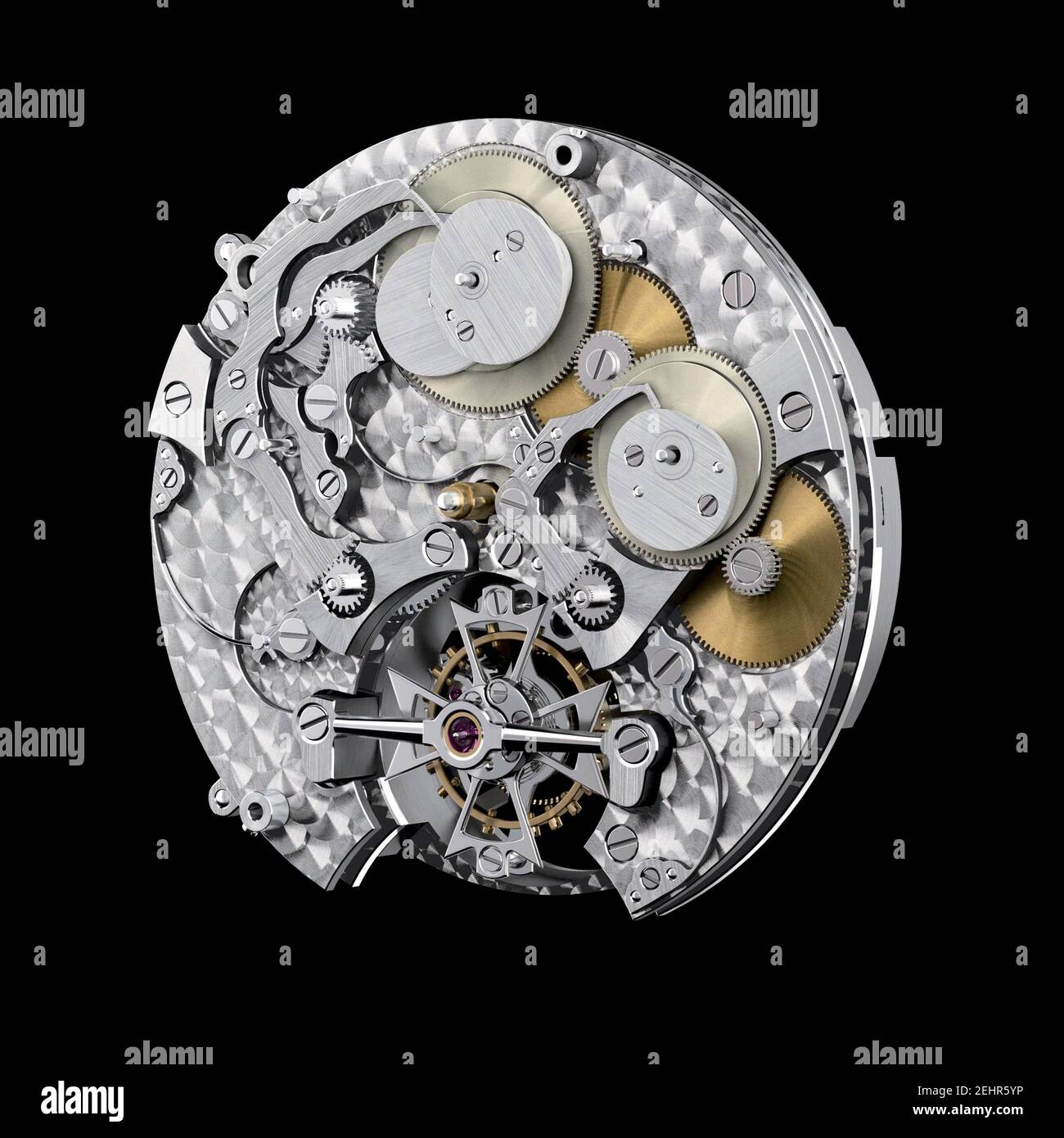 The fascinating complications of a mechanical watch. This mechanism contains 514 components and is less than nine millimeters thick. Isolated on black Stock Photo