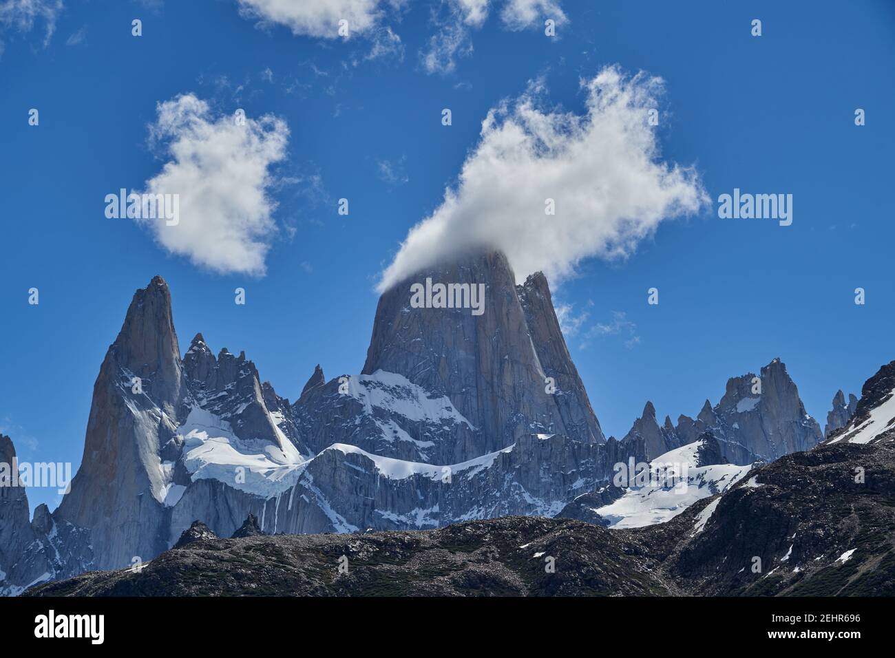 Mount Fitzroy  is a high and characteristic Mountain peak in southern Argentina, Patagonia, South America and a popular travel destination for hiking Stock Photo