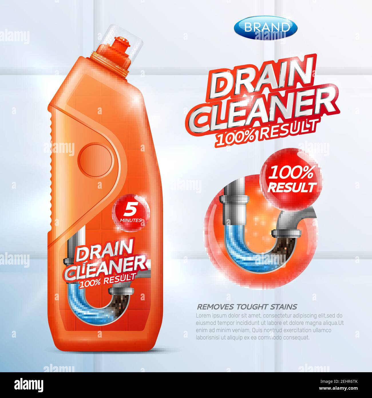 Colored drain cleaner poster with drain cleaner 100 percent result