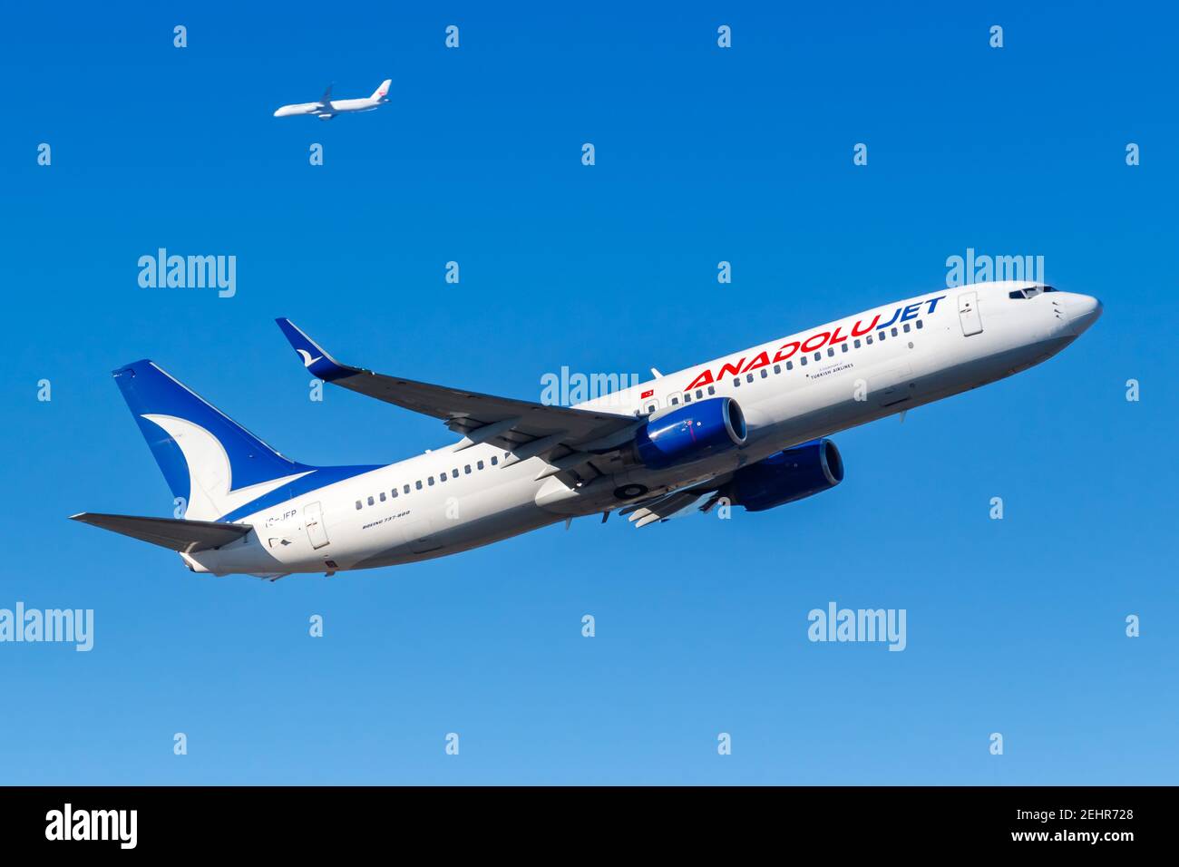 Frankfurt, Germany - February 13, 2021: AnadoluJet Boeing 737-800 airplane at Frankfurt Airport (FRA) in Germany. Boeing is an American aircraft manuf Stock Photo