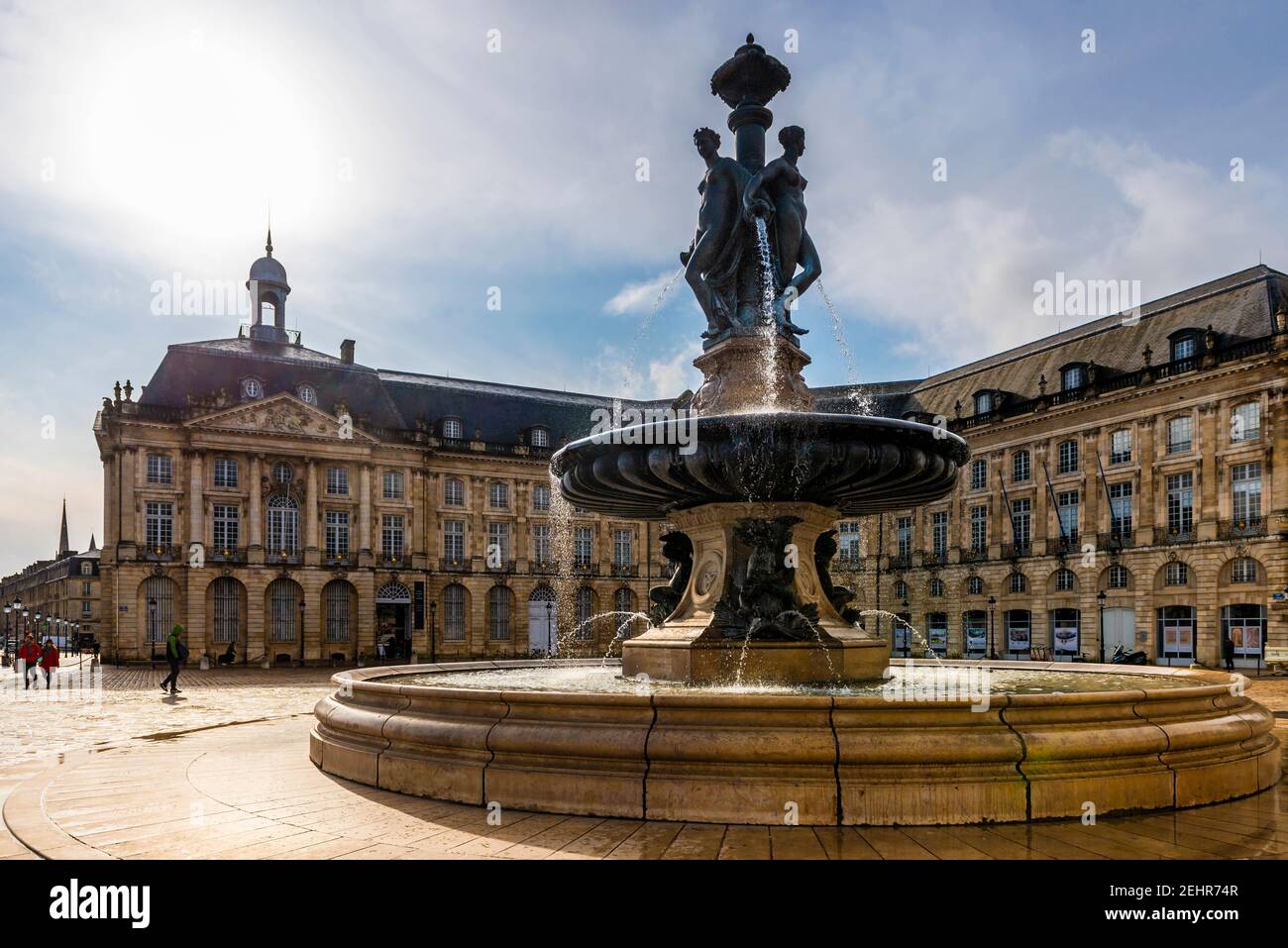 Fountain of Three Graces on the Place de la Bourse in Bordeaux in Gironde, Nouvelle-Aquitaine, France Stock Photo