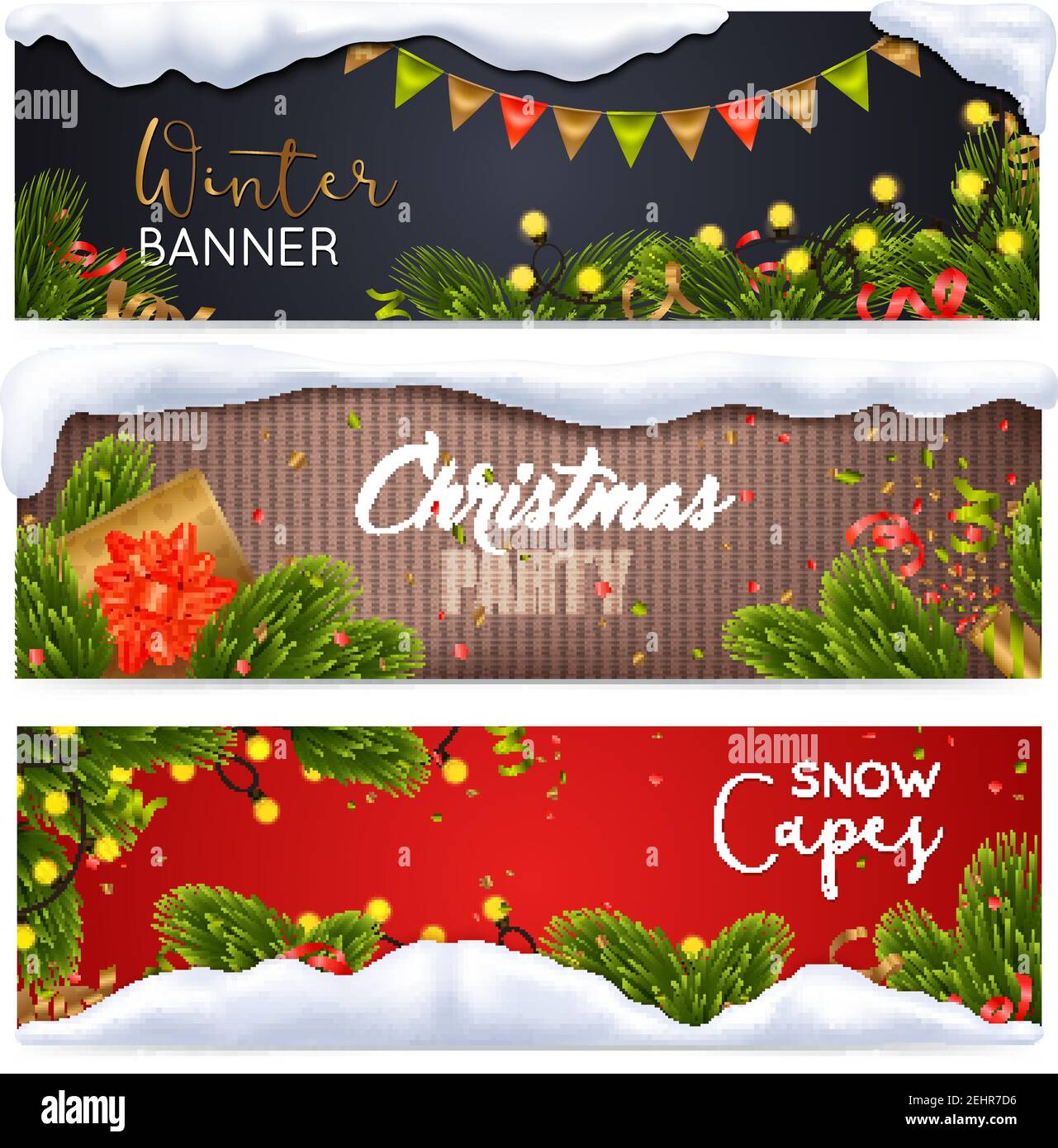Christmas horizontal banners set with snow symbols realistic isolated ...