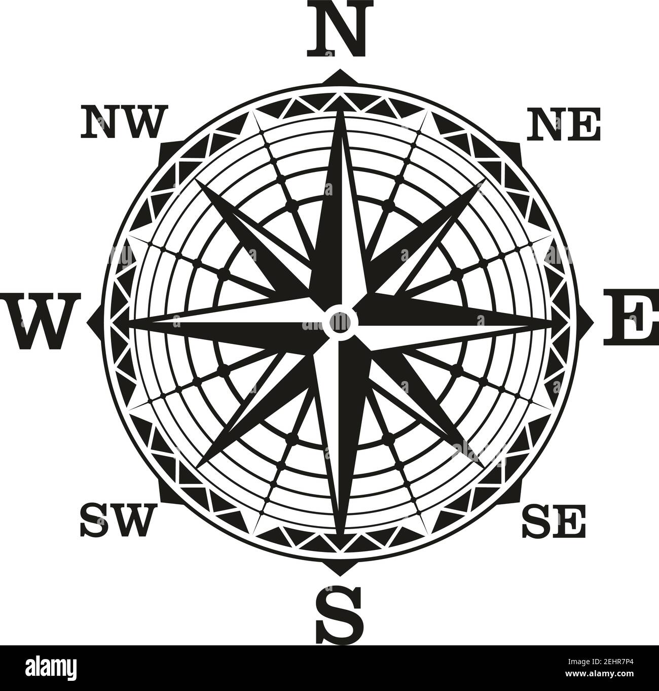 Compass wind rose, vector icon. Old vintage nautical navigation sign with star scale of north, south, east and west directions. Marine travel, adventu Stock Vector