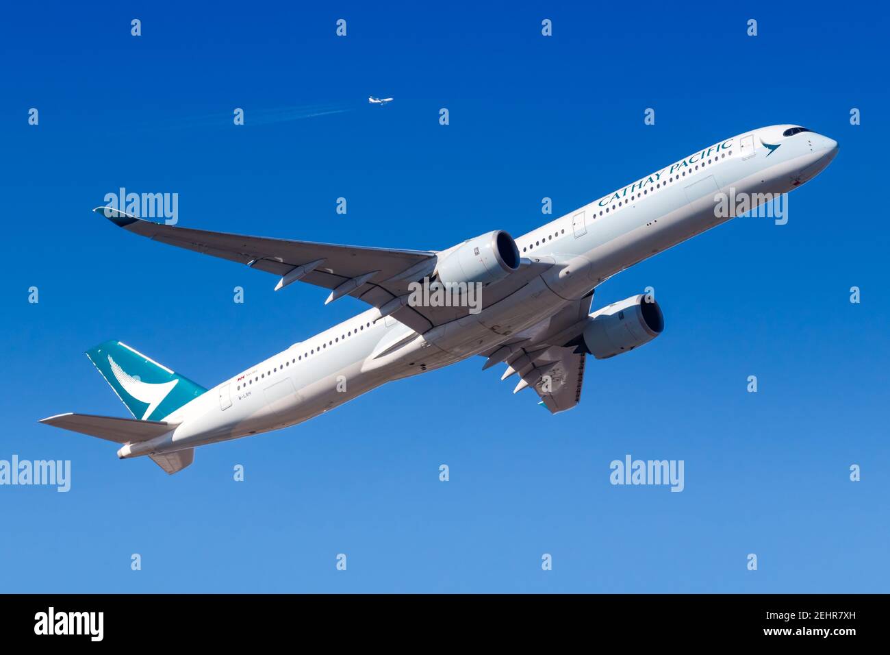Frankfurt, Germany - February 13, 2021: Cathay Pacific Airbus A350-1000 airplane at Frankfurt Airport (FRA) in Germany. Airbus is a European aircraft Stock Photo