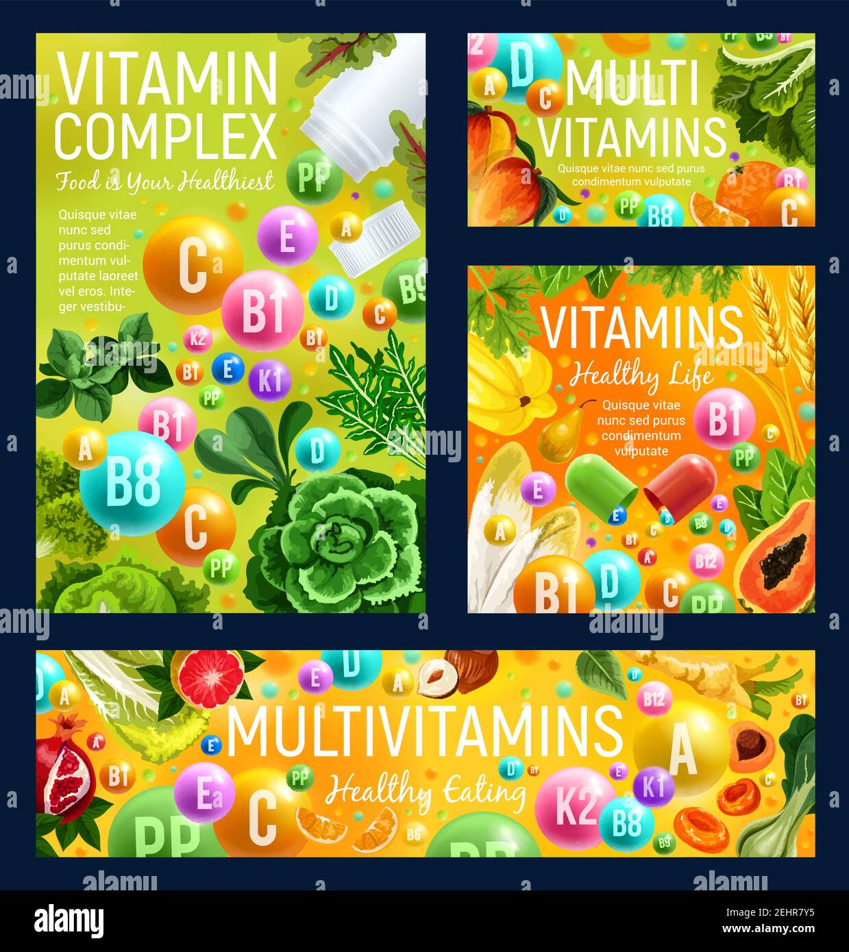 Vitamin complex of healthy food, fruits and vegetables. Natural sources of multivitamin in fresh herbs, organic orange and cabbage, mango, nuts and pa Stock Vector