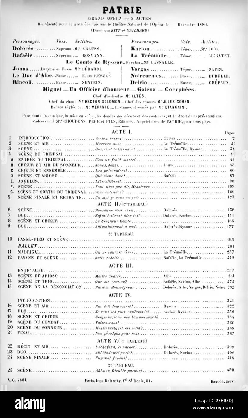 Patrie!, cast and list of numbers from the 1886 piano-vocal score – IMSLP  Stock Photo - Alamy