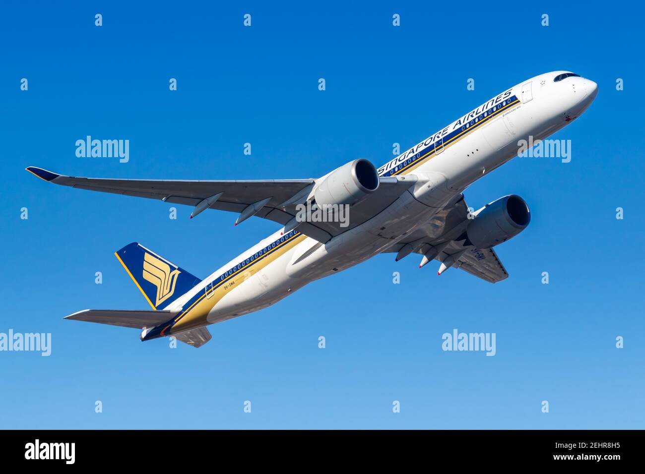 Frankfurt, Germany - February 13, 2021: Singapore Airlines Airbus A350-900 airplane at Frankfurt Airport (FRA) in Germany. Stock Photo