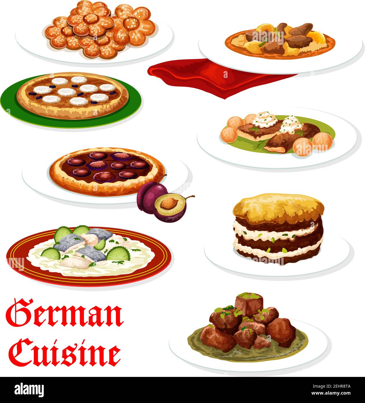 German cuisine sausage and potato casserole, meat stew with beer and pork schnitzel with egg, fish and seafood stew, kidney rice and sugar cookie, plu Stock Vector