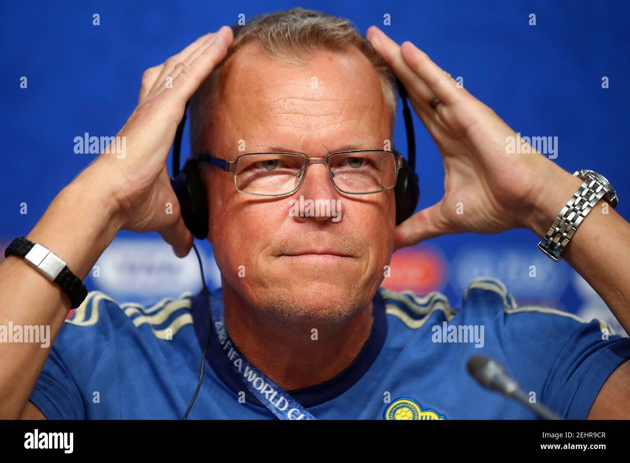 Soccer Football - World Cup - Sweden Press Conference  - Samara Arena, Samara, Russia - July 6, 2018   Sweden coach Janne Andersson during a press conference   REUTERS/Michael Dalder Stock Photo