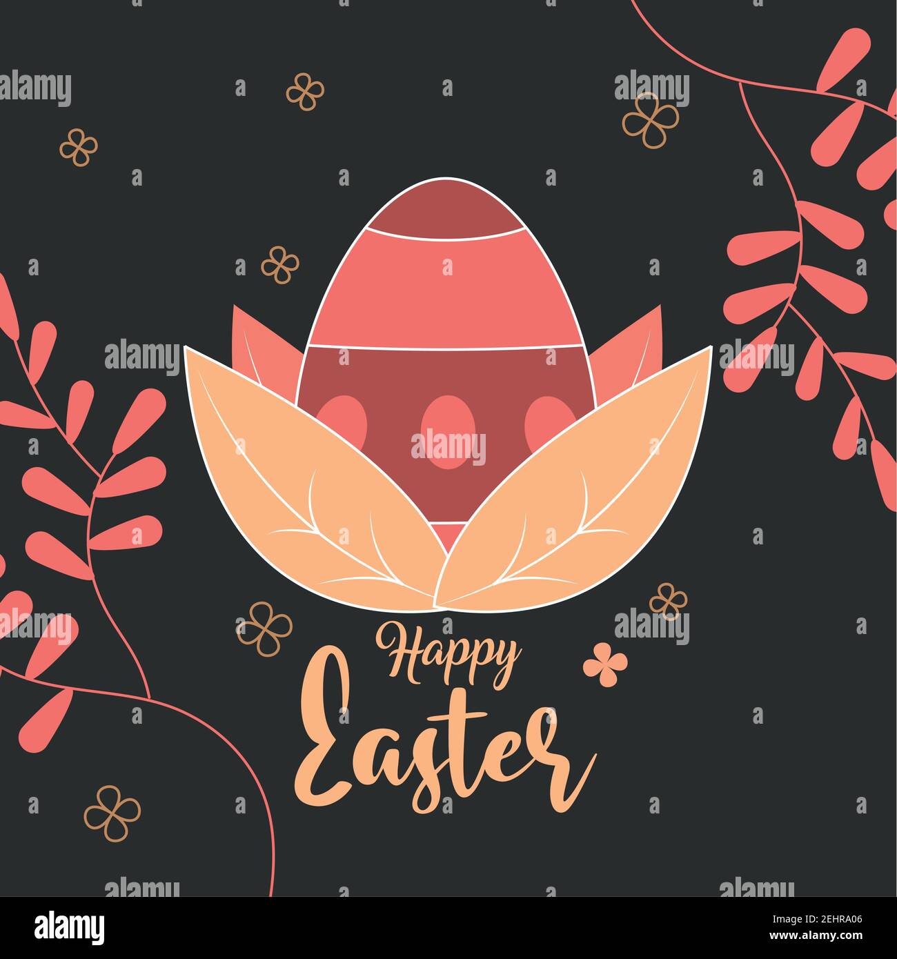 happy easter decorative egg leaves foliage dark background vector ...