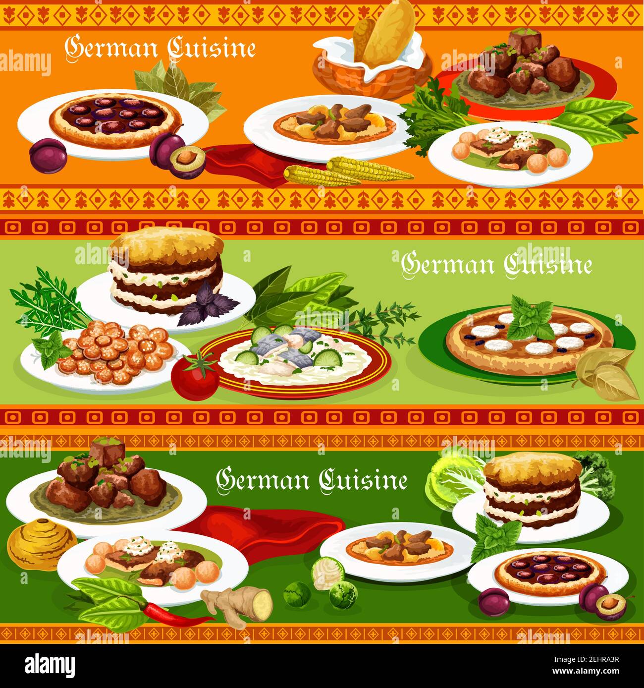 German cuisine meat stew with bavarian beer, pork roast with egg, sausage and potato casserole, fish stew, plum and apple fruit pie, kidney rice and c Stock Vector