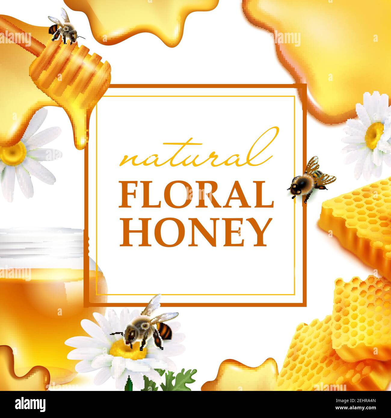Natural floral honey colorful frame with honeycombs daisy flowers bees ...