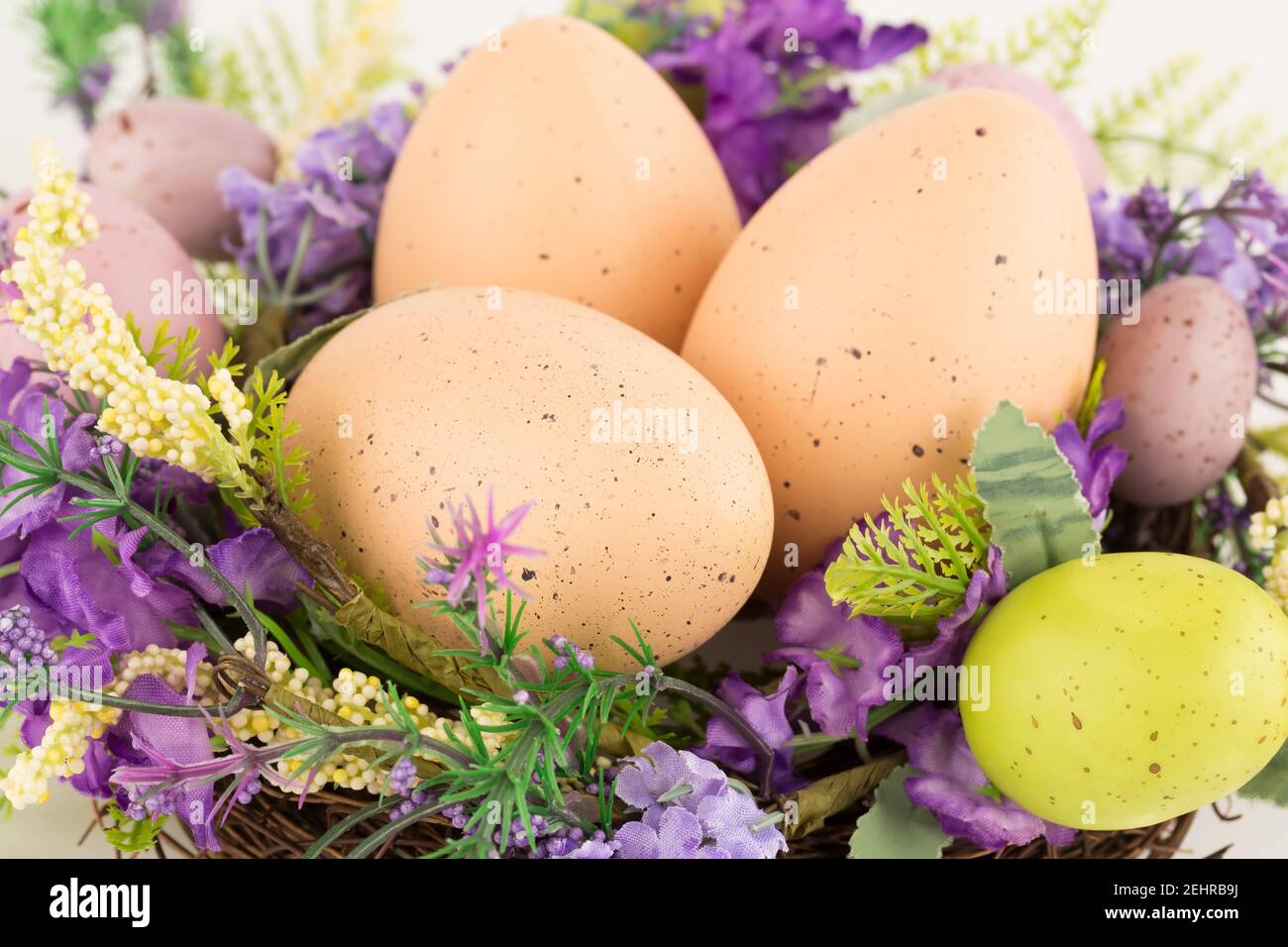 Easter colorful eggs in nest and flowers Stock Photo - Alamy
