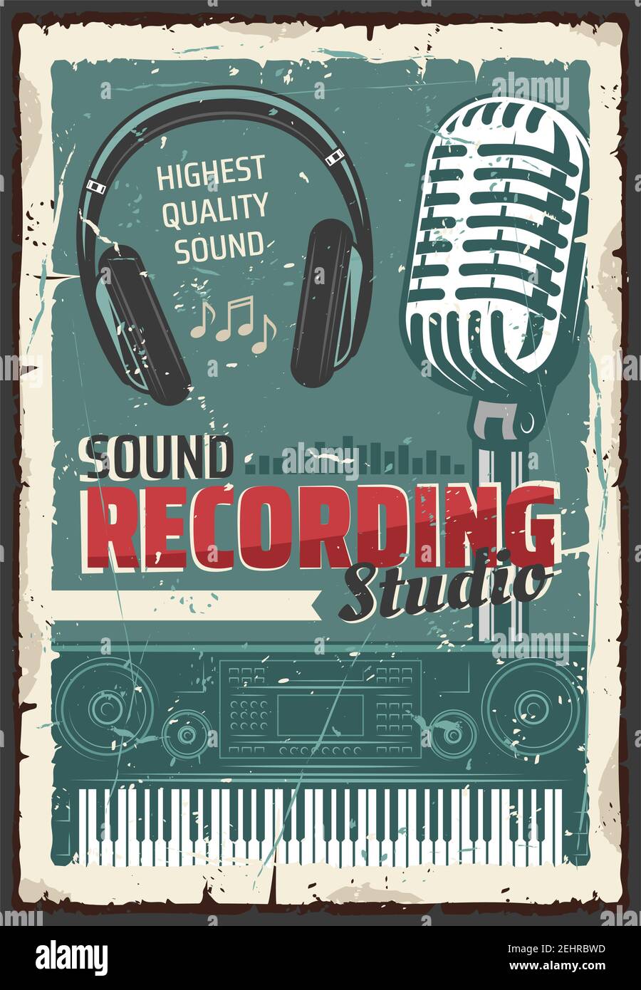 Music sound recording studio, retro microphone and headphones