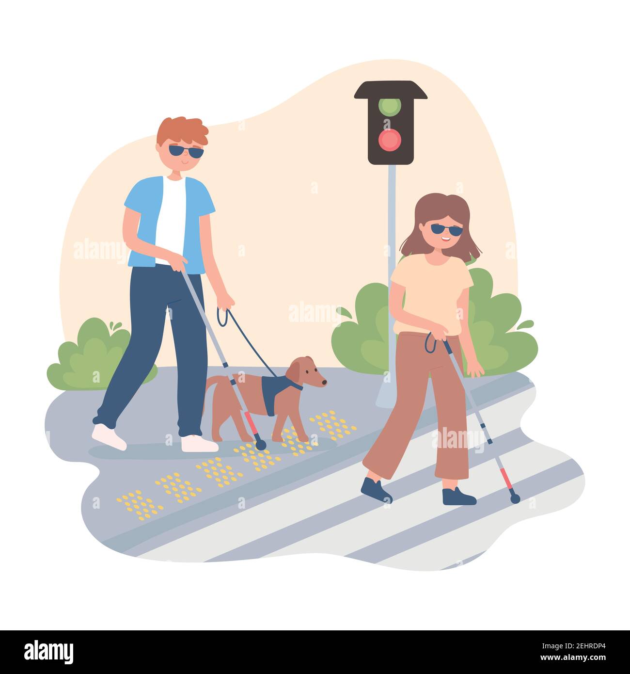 blind woman and man walking in walkway traffic light street vector cartoon illustration Stock Vector