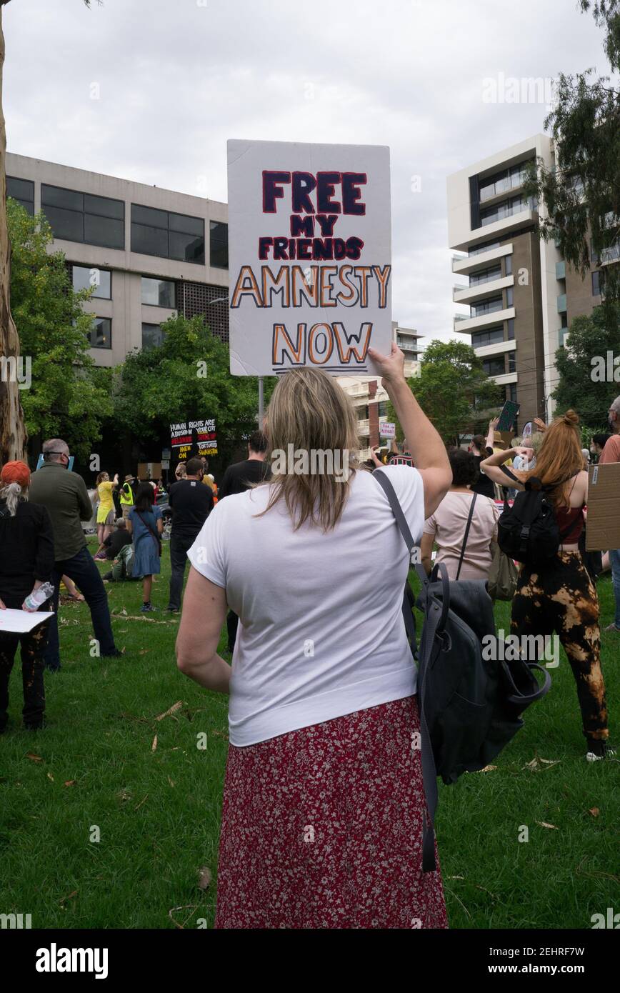Free the Refugees rally held in Melbourne, Australia to pressure the Australian government to free all refugees held by the government. Stock Photo