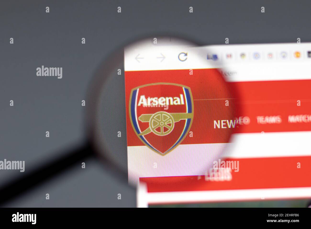 New York, USA - 15 February 2021: Arsenal website in browser with company logo, Illustrative Editorial Stock Photo