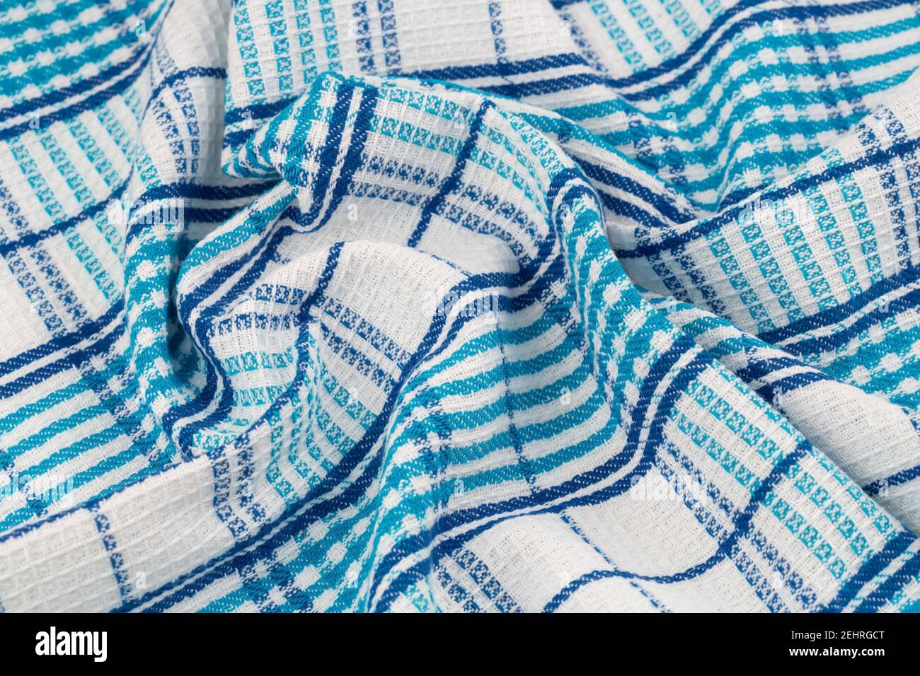 Blue and white kitchen towel texture as a background, horizontal ...