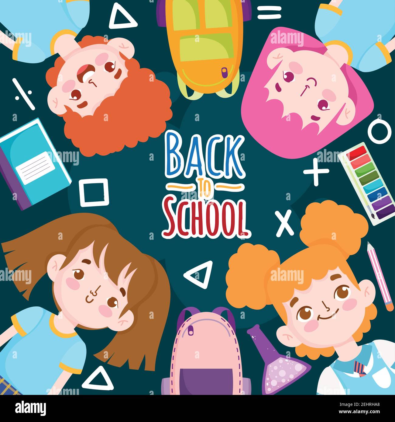 Back to School cute pupils cartoon book pencil color and bag vector ...