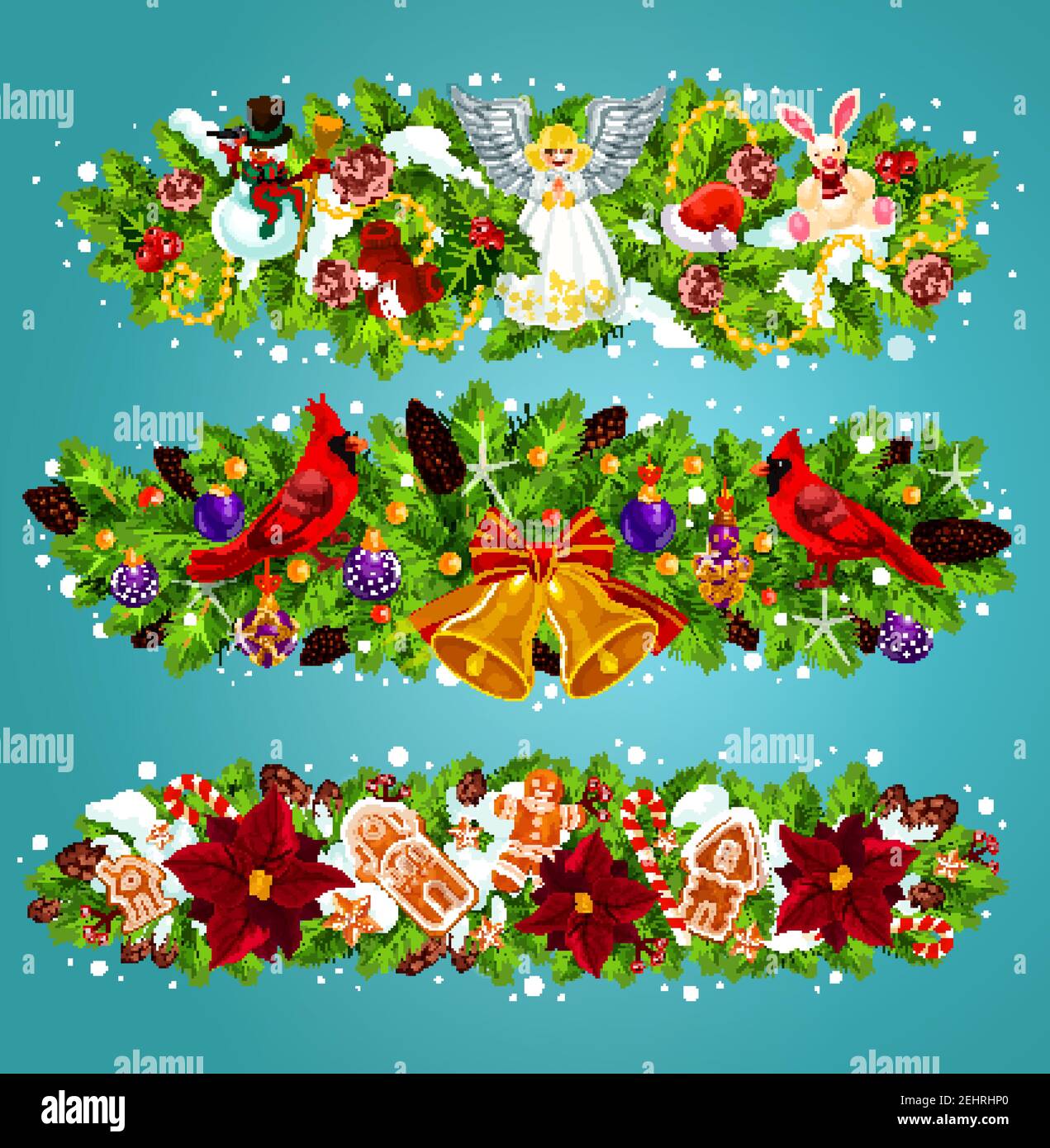 Christmas garland with New Year gift for winter holiday greeting card border.  Xmas tree and holly branch with bell, snowman and Santa hat, ribbon bow  Stock Vector Image \u0026 Art - Alamy, image size:1271x1390