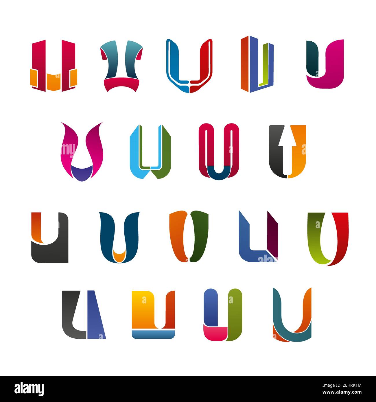 Letter V and U abstract icons, different colors and shapes. Alphabetic symbols of unusual forms of products or services, companies and trade. Vector s Stock Vector