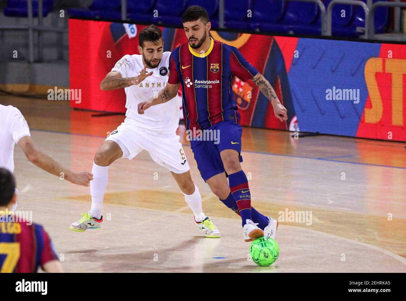 Barcelona, Spain. 19th Feb, 2021. Matheus Rodrigues and Bilal Bakkali during the match between FC Barcelona vs ACCS Asnieres Villeneuve 92, corresponding to the 1/8 final of the Futsal Champions League, played at the Palau Blaugrana, in Barcelona on February 19, 2020. Photo JGS/Cordon Press Credit: CORDON PRESS/Alamy Live News Stock Photo