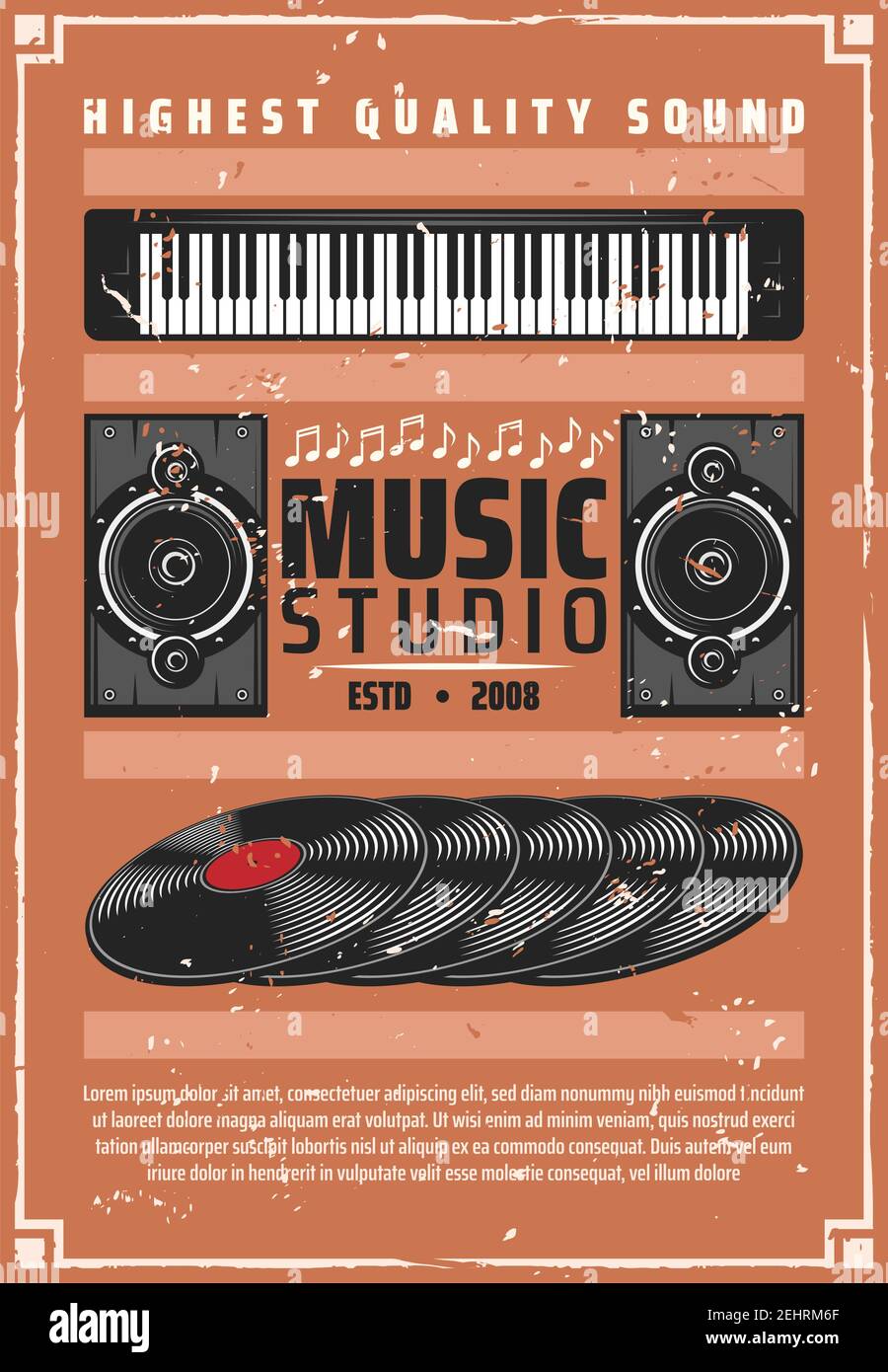Music studio or shop of musical instruments and Hi-Fi high quality sound equipment. Vector vintage inyl records, synthesizer piano and loudspeaker wit Stock Vector