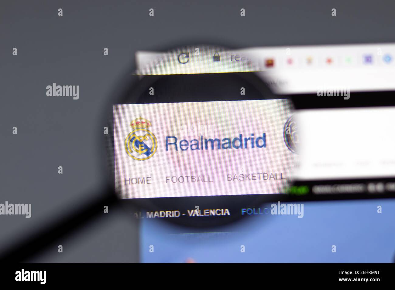 New York, USA - 15 February 2021: Real Madrid website in browser with company logo, Illustrative Editorial Stock Photo