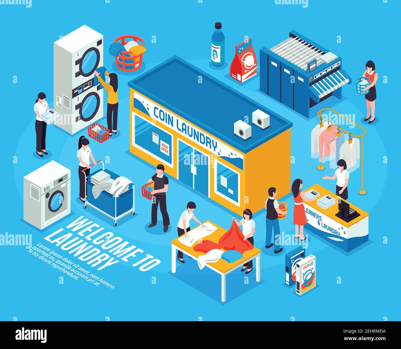 Laundry interior isometric composition with washing machines and
