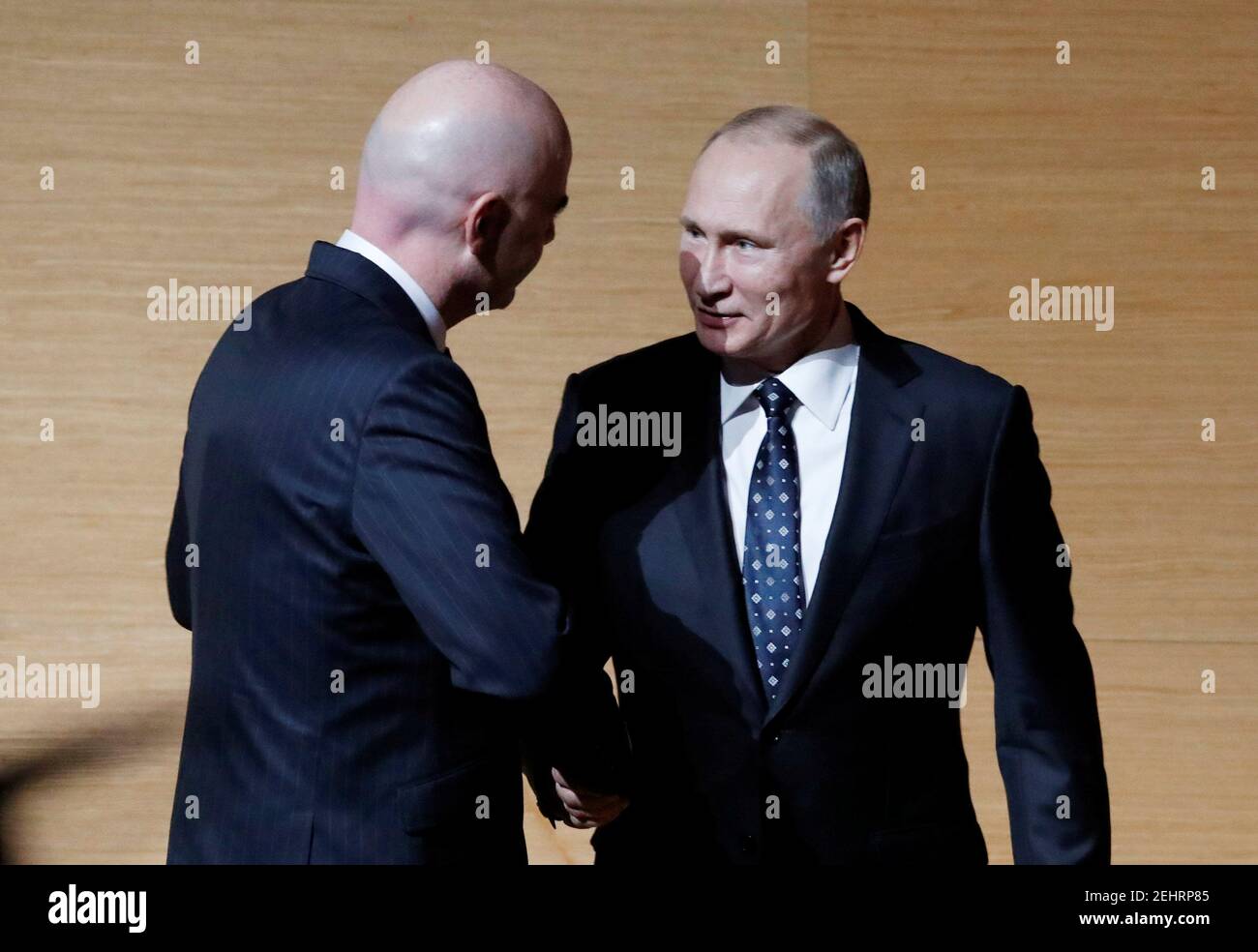 Soccer Football - 2018 FIFA World Cup Draw - State Kremlin Palace, Moscow, Russia - December 1, 2017   FIFA President Gianni Infantino and President of Russia Vladimir Putin during the draw   REUTERS/Sergei Karpukhin Stock Photo