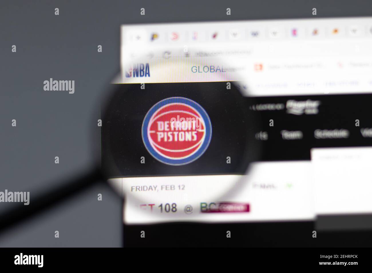 New York, USA - 15 February 2021: Detroit Pistons website in browser with company logo, Illustrative Editorial Stock Photo