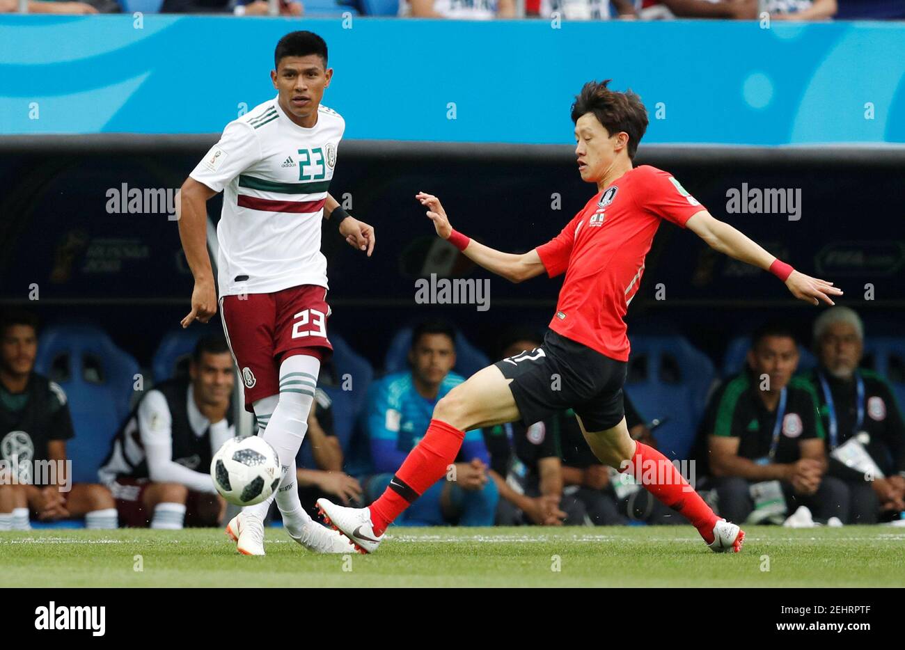 Soccer Football - World Cup - Group F - South Korea vs Mexico - Rostov Arena, Rostov-on-Don, Russia - June 23, 2018   Mexico's Jesus Gallardo in action with South Korea's Lee Jae-sung     REUTERS/Damir Sagolj Stock Photo