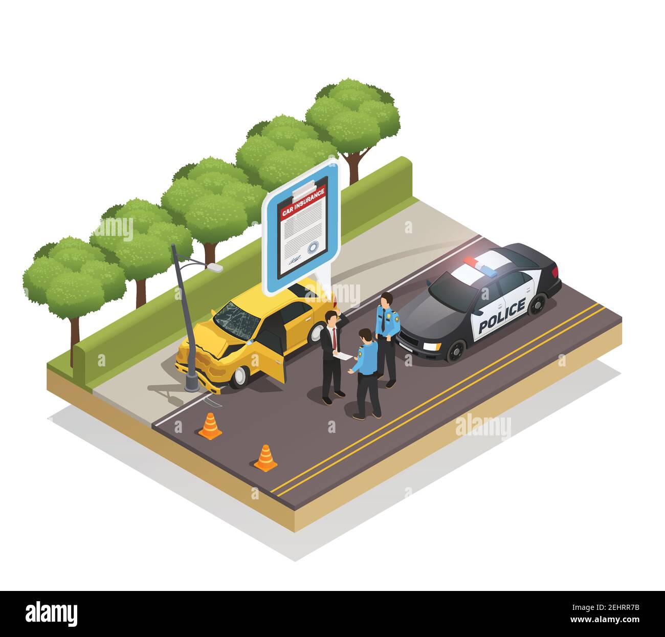 Isometric composition of car crashed into lamp post and driver showing  insurance to policemen 3d vector illustration Stock Vector Image & Art -  Alamy