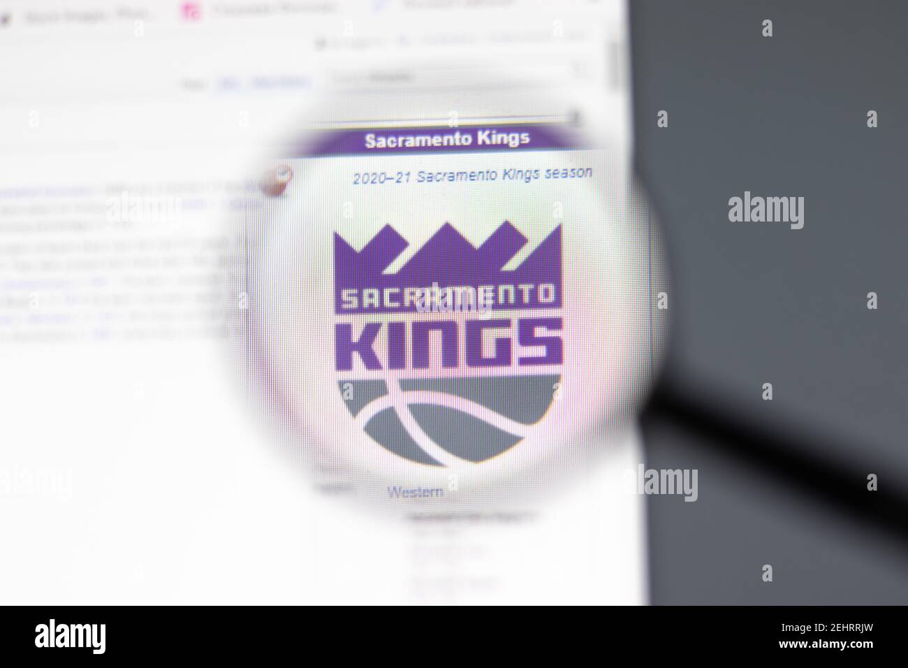 New York, USA - 15 February 2021: Sacramento Kings website in browser with company logo, Illustrative Editorial Stock Photo