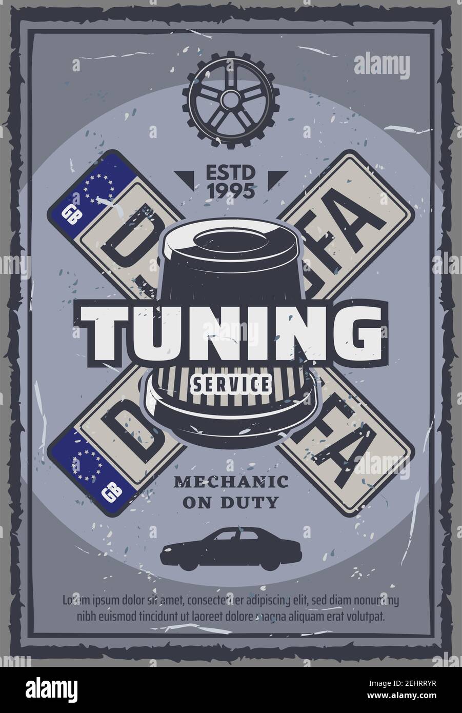Car tuning and repair service vintage poster. Vector vehicle car plate numbers, fuel and air filter. Auto internal parts fixing or tire change and veh Stock Vector